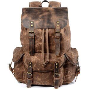 Mens Brown WUDON Leather Backpack Waxed Canvas Shoulder Rucksack Carry-On Travel